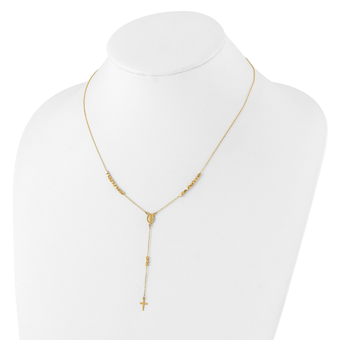 14K Polished Miraculous Medal and Cross Rosary Design 17.75 inch Y-Drop Necklace