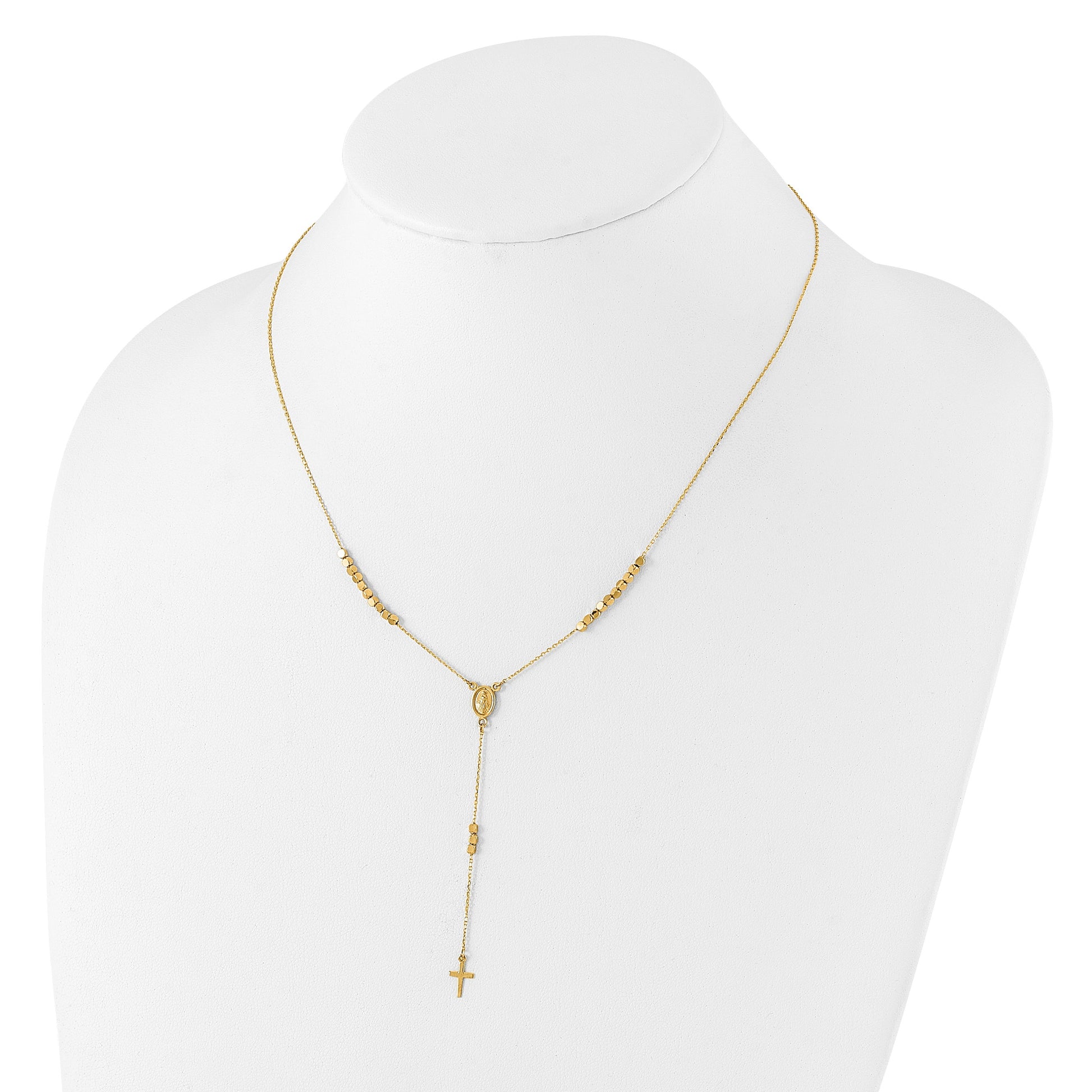 14K Polished Miraculous Medal and Cross Rosary Design 17.75 inch Y-Drop Necklace