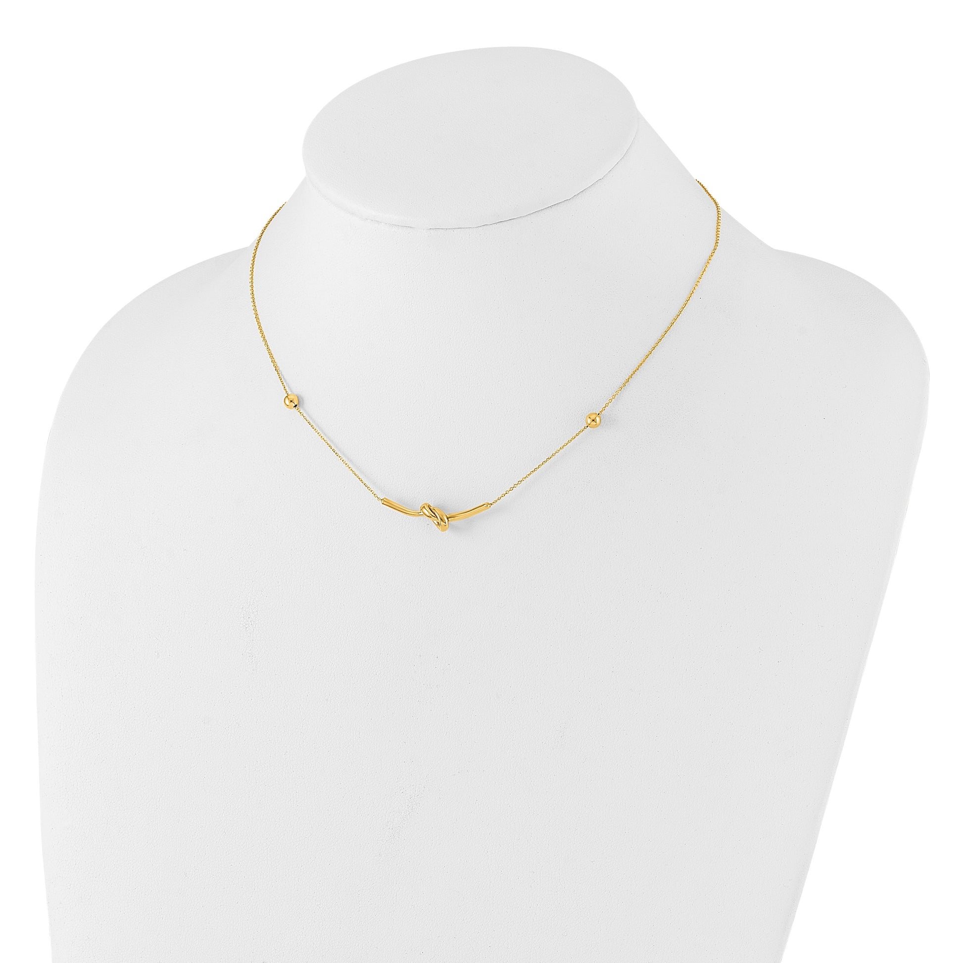 14K Polished Knotted Bar Pendant and Beads 16 inch Necklace Plus 2 inch Extender