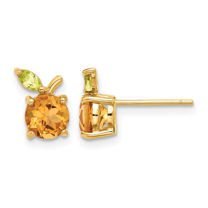 14K Round Citrine and Peridot Orange Post Earrings