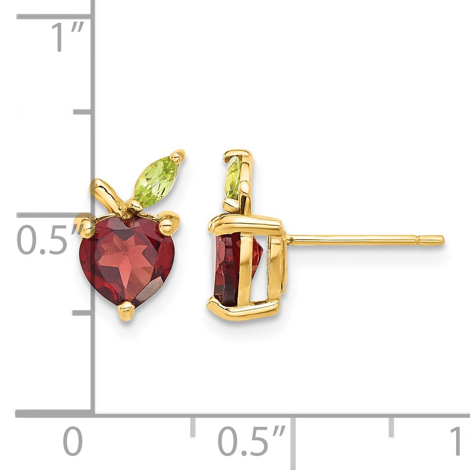 14K Heart-shaped Garnet and Peridot Apple Post Earrings