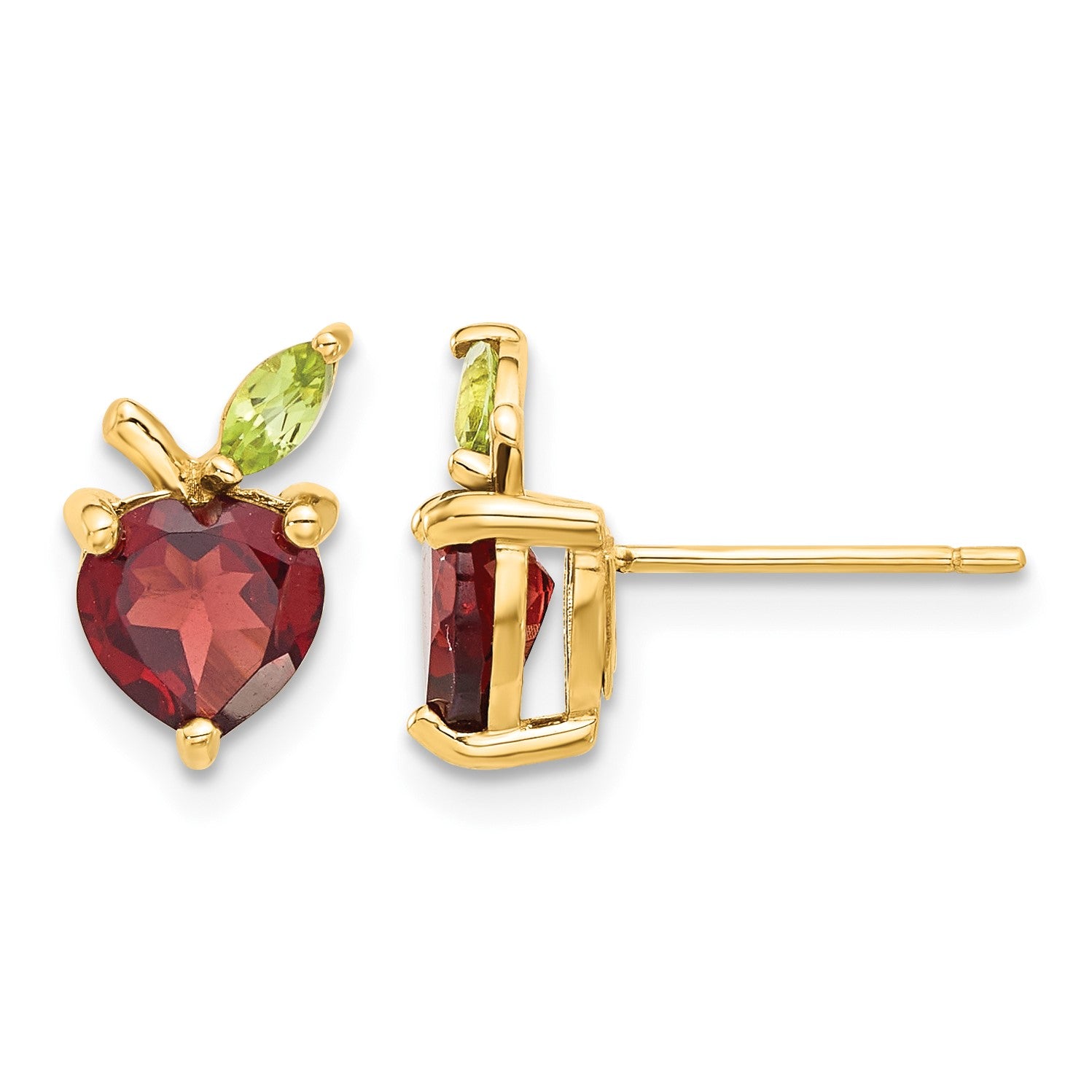 14K Heart-shaped Garnet and Peridot Apple Post Earrings