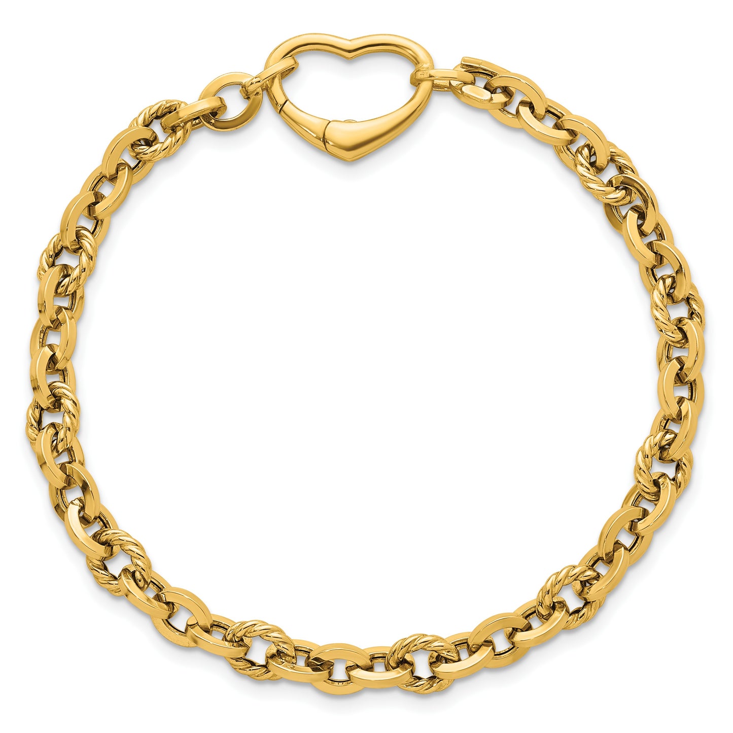14k Polished and Twisted Cable Link with Heart Clasp 7.5 inch Bracelet