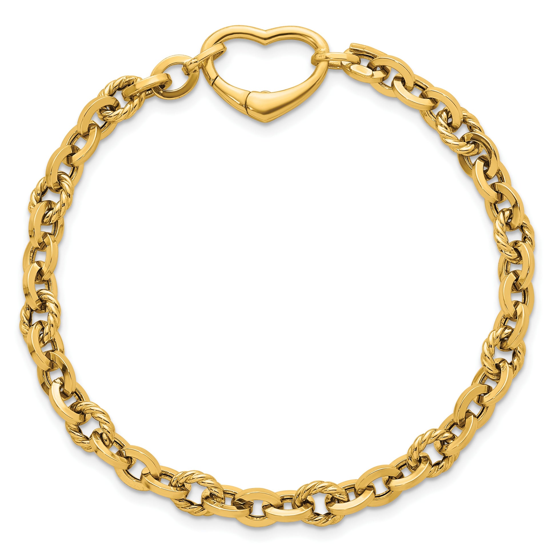 14k Polished and Twisted Cable Link with Heart Clasp 7.5 inch Bracelet