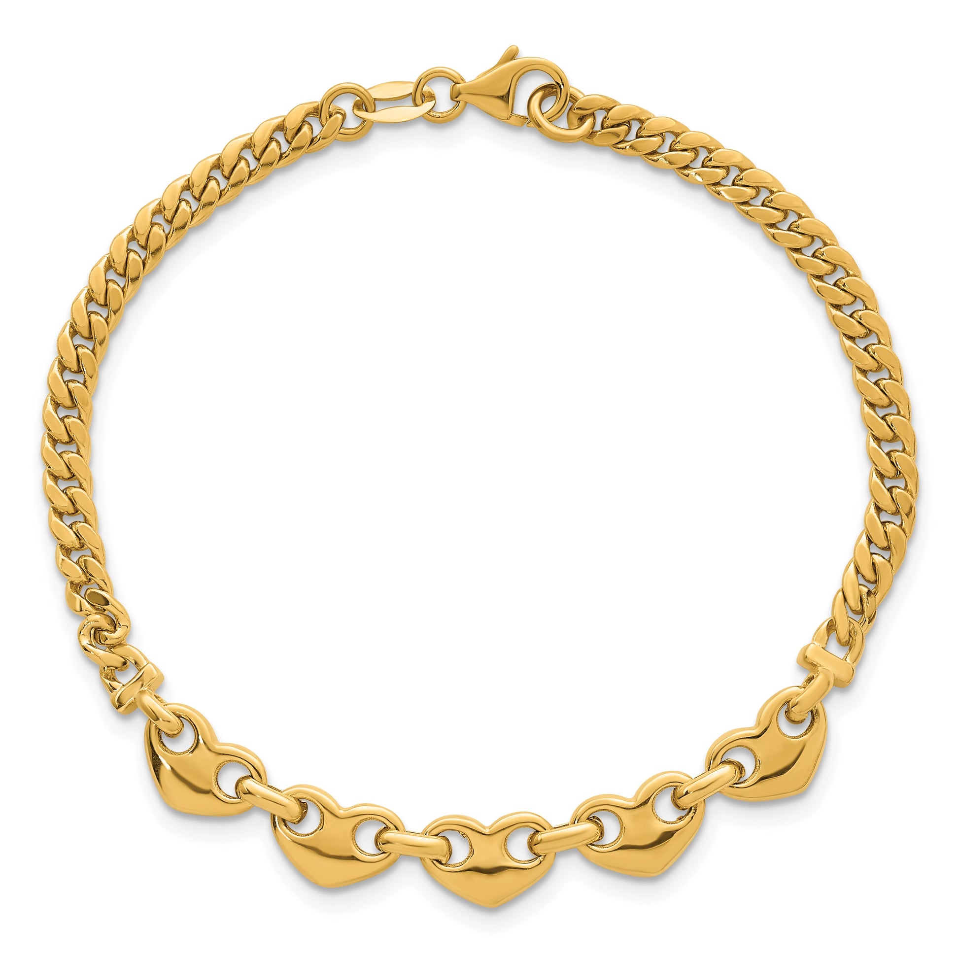 14k Polished Five Hearts with Curb Link 7 inch Bracelet