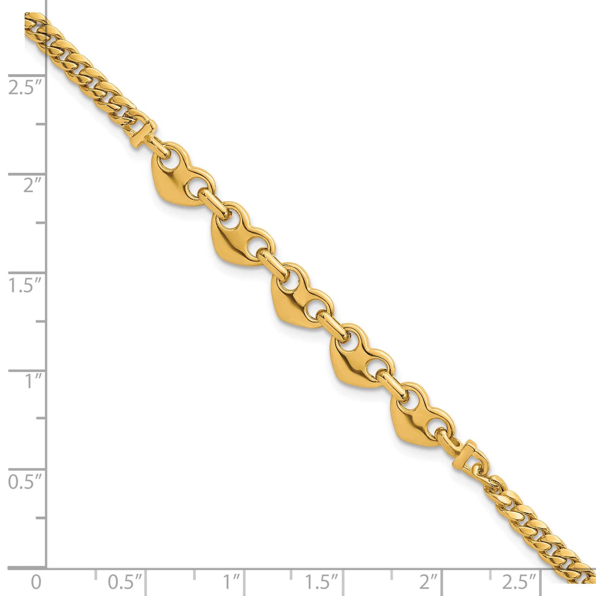 14k Polished Five Hearts with Curb Link 7 inch Bracelet