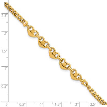 14k Polished Five Hearts with Curb Link 7 inch Bracelet
