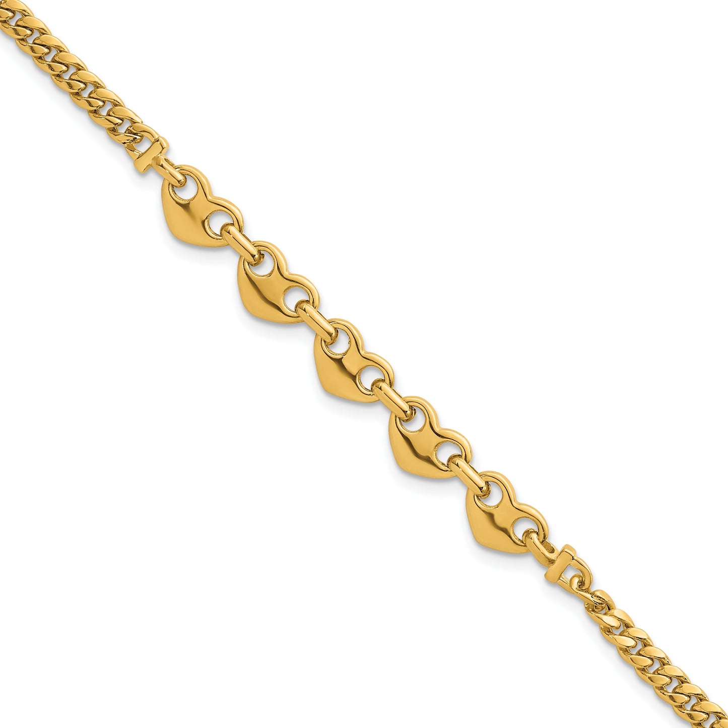 14k Polished Five Hearts with Curb Link 7 inch Bracelet