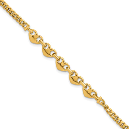 14k Polished Five Hearts with Curb Link 7 inch Bracelet