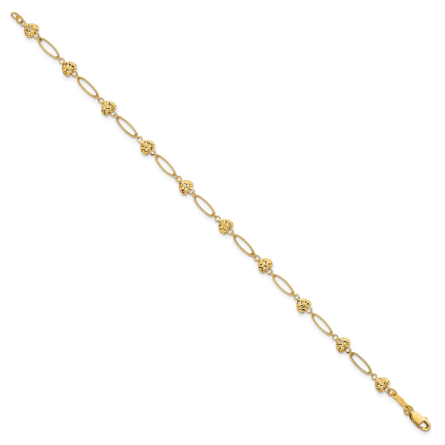 14k Polished Oval Links with Diamond-cut Puffed Hearts 7.5 inch Bracelet