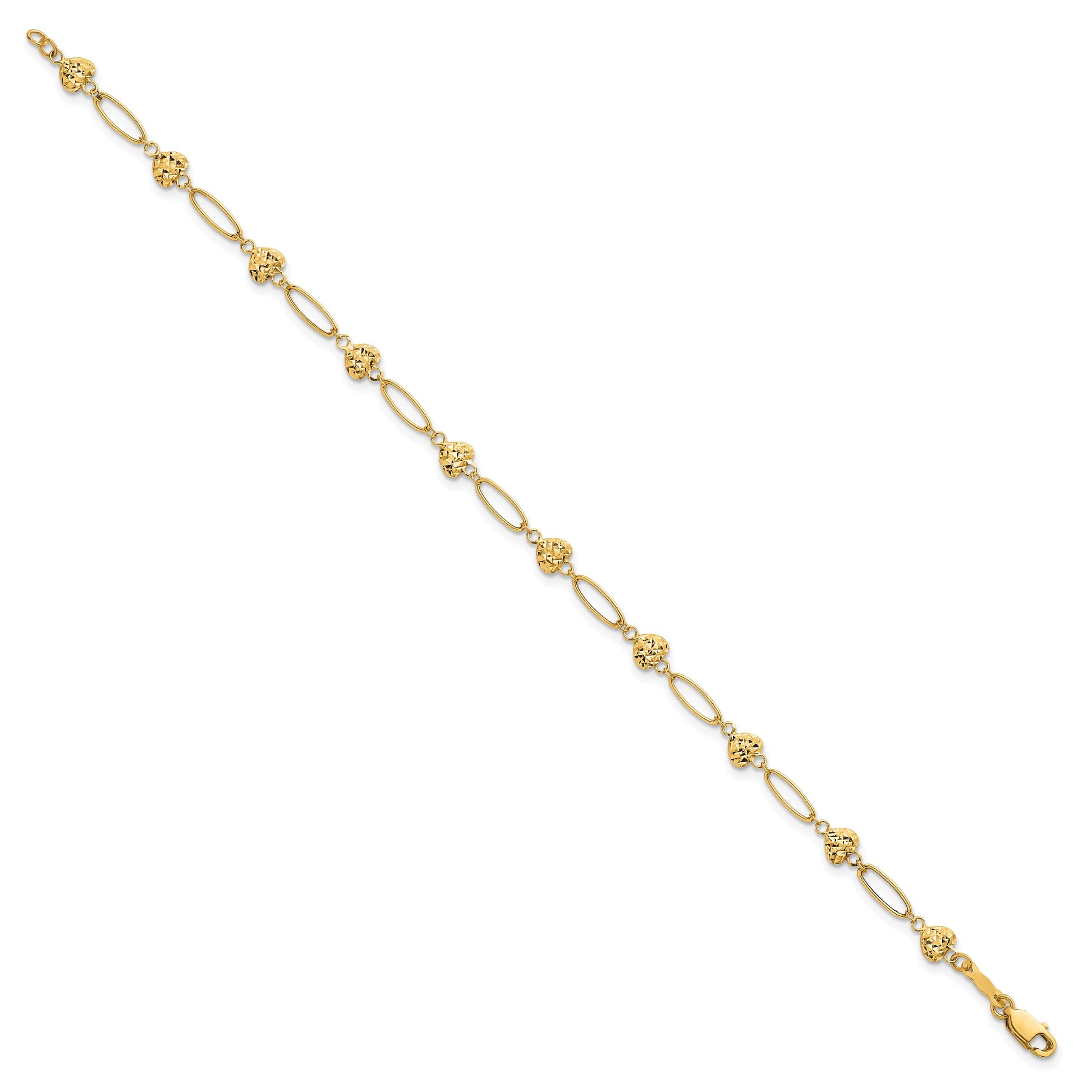 14k Polished Oval Links with Diamond-cut Puffed Hearts 7.5 inch Bracelet