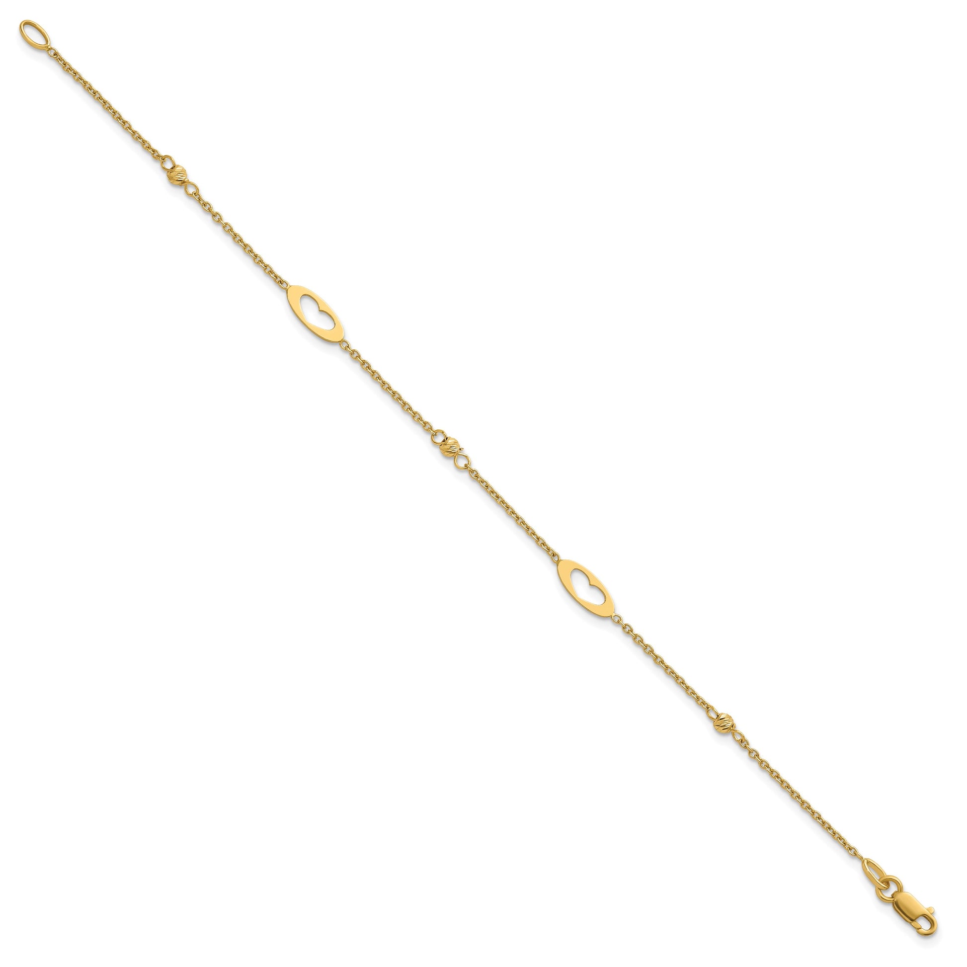 14k Polished Cut-out Hearts and Diamond-cut Beads 7.5 inch Bracelet
