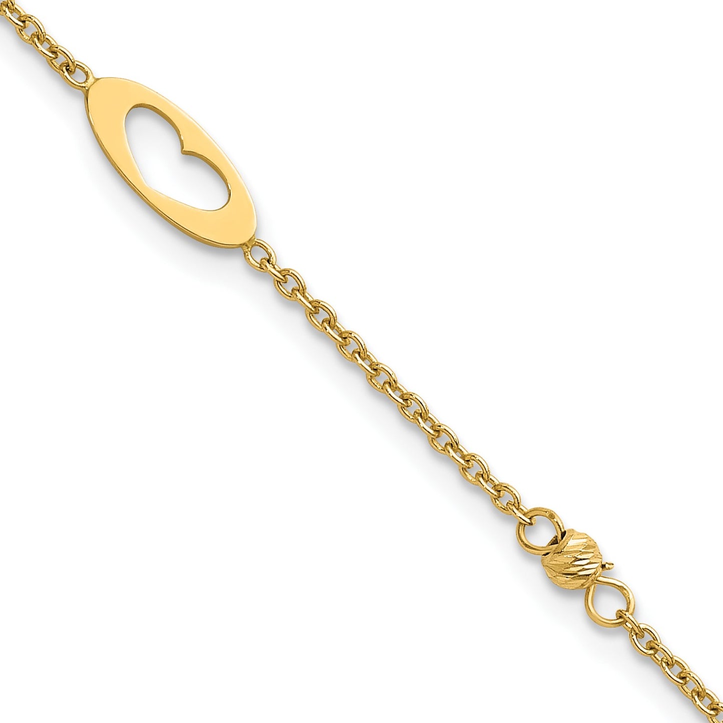14k Polished Cut-out Hearts and Diamond-cut Beads 7.5 inch Bracelet
