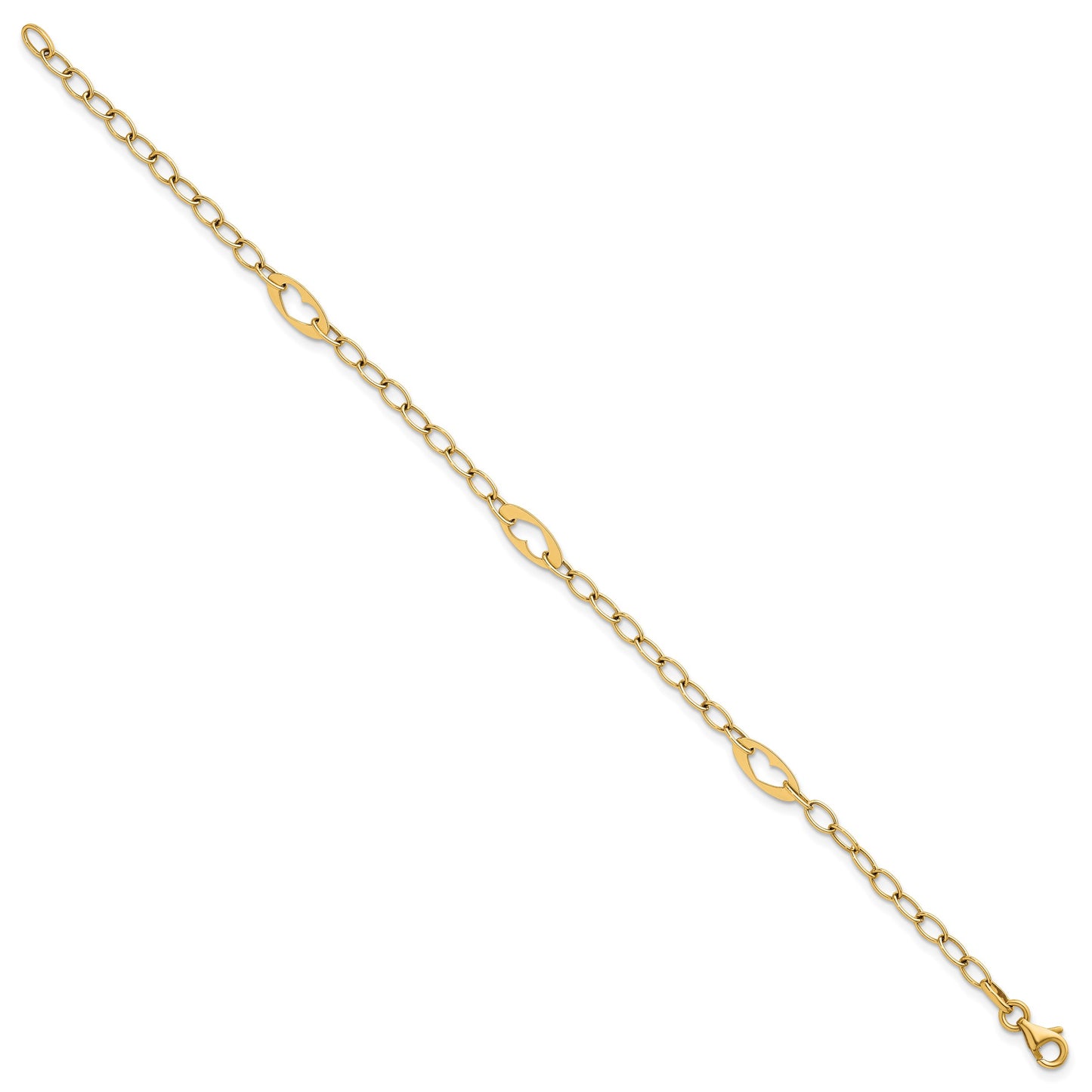 14k Polished Cut-out Hearts and Cable Links 7.25 inch Bracelet