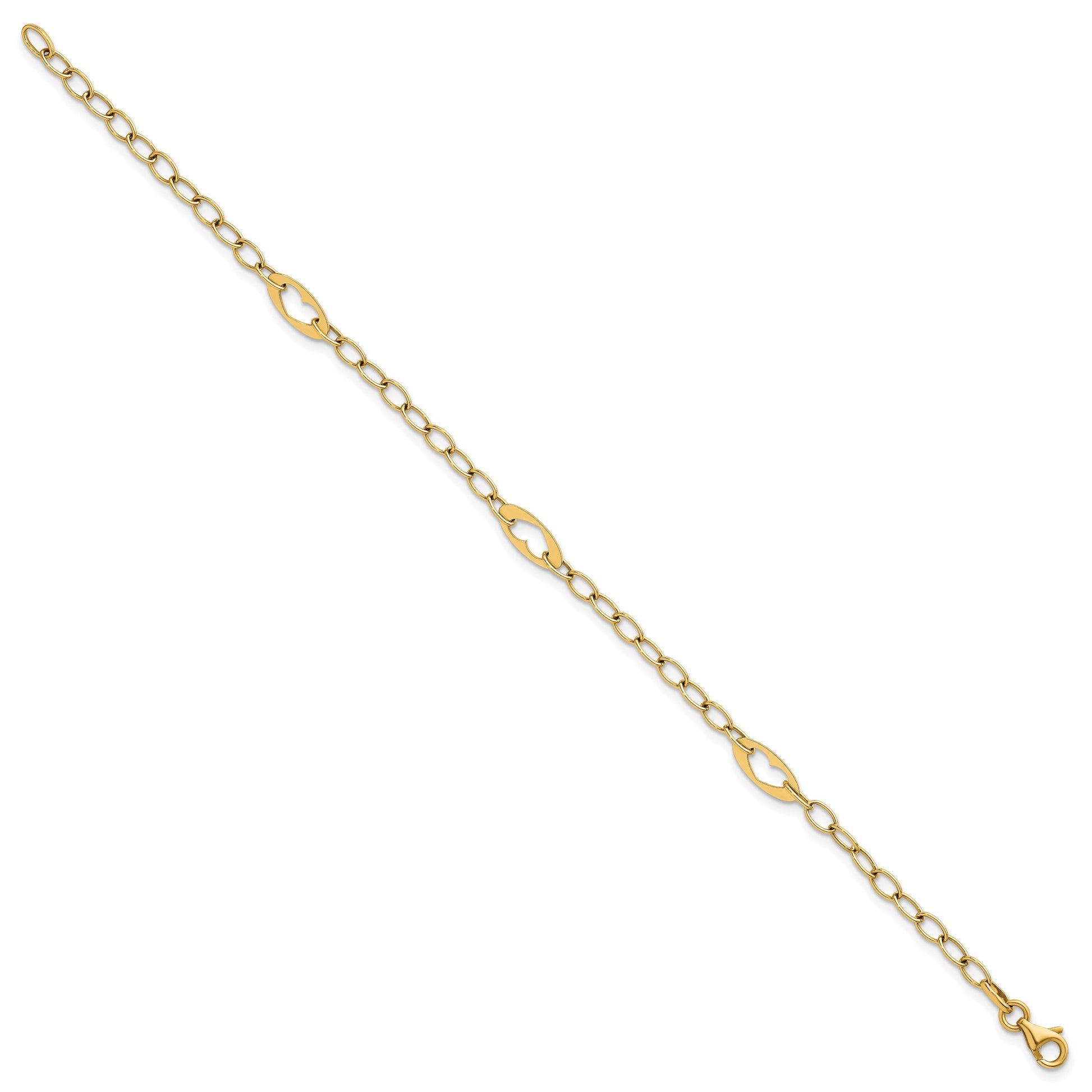 14k Polished Cut-out Hearts and Cable Links 7.25 inch Bracelet
