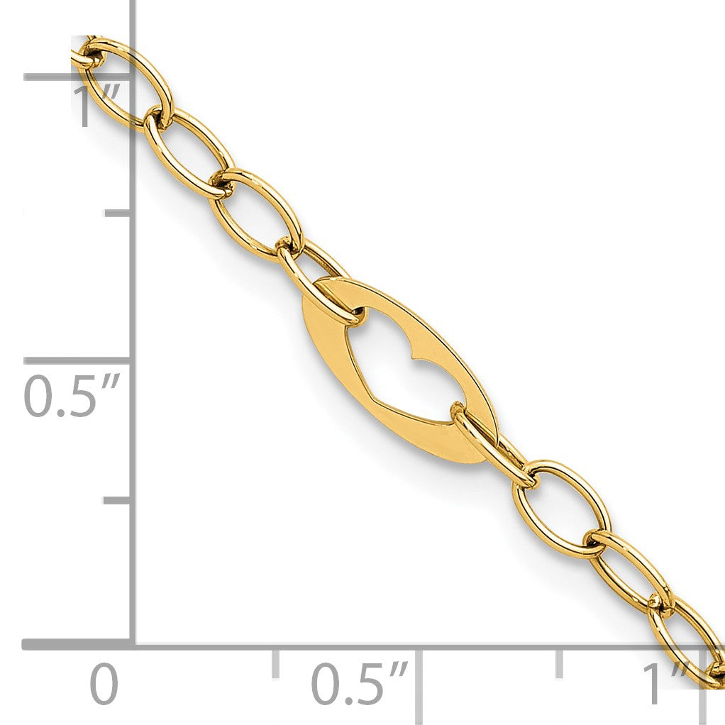 14k Polished Cut-out Hearts and Cable Links 7.25 inch Bracelet