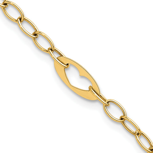 14k Polished Cut-out Hearts and Cable Links 7.25 inch Bracelet
