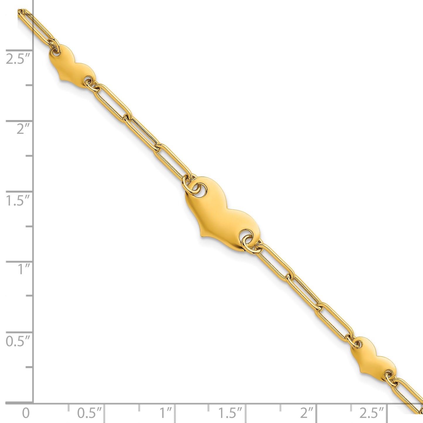 14k Polished Paperclip Link With Three Hearts 7.5 inch Bracelet