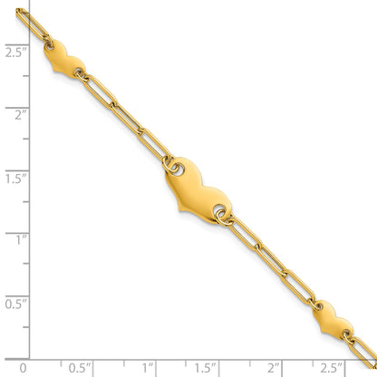 14k Polished Paperclip Link With Three Hearts 7.5 inch Bracelet