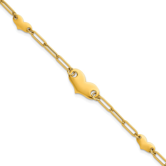 14k Polished Paperclip Link With Three Hearts 7.5 inch Bracelet