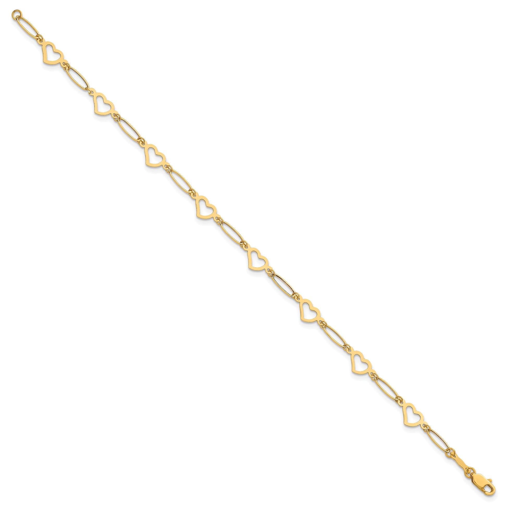 14k Polished Oval Links and Open Hearts 7.5 inch Bracelet