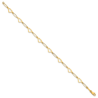 14k Polished Oval Links and Open Hearts 7.5 inch Bracelet