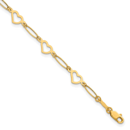 14k Polished Oval Links and Open Hearts 7.5 inch Bracelet