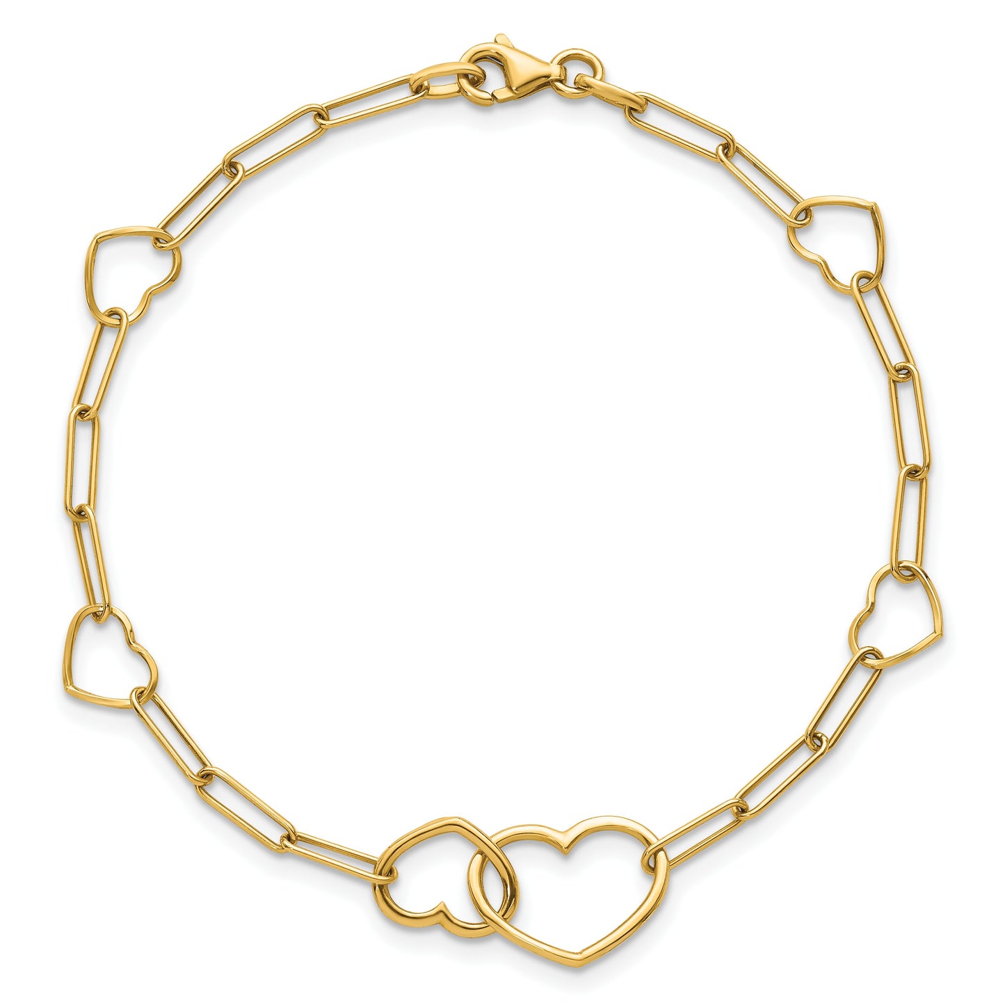 14k Polished Double Hearts and Paper Clip Links 7.5 inch Bracelet