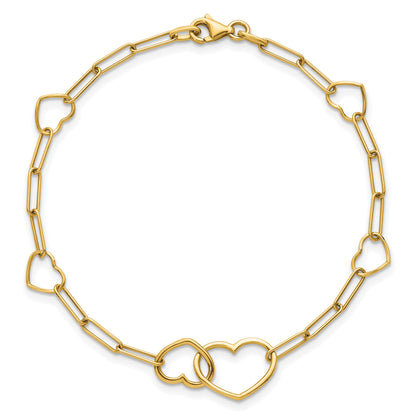 14k Polished Double Hearts and Paper Clip Links 7.5 inch Bracelet
