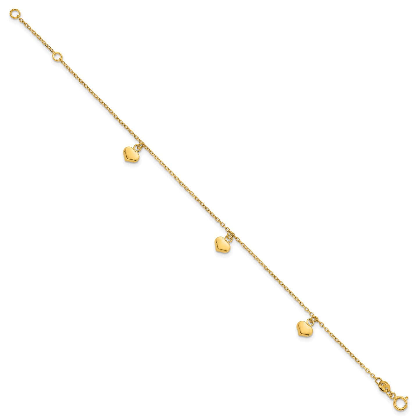 14k Polished Three Puffed Heart Dangle 6.5 inch Childrens Bracelet Plus 0.75 inch Extender