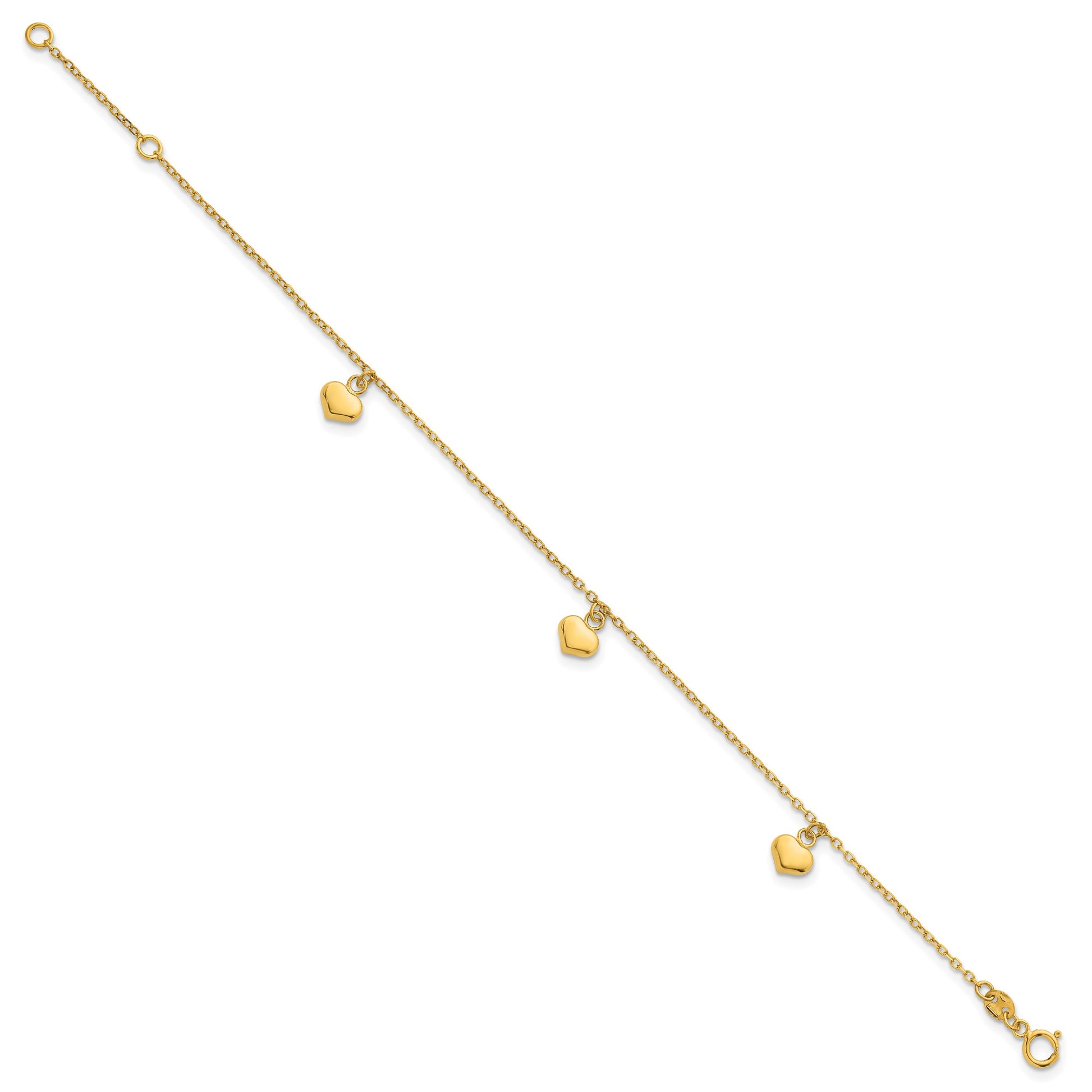 14k Polished Three Puffed Heart Dangle 6.5 inch Childrens Bracelet Plus 0.75 inch Extender