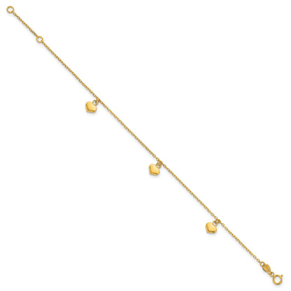 14k Polished Three Puffed Heart Dangle 6.5 inch Childrens Bracelet Plus 0.75 inch Extender