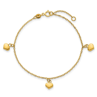 14k Polished Three Puffed Heart Dangle 6.5 inch Childrens Bracelet Plus 0.75 inch Extender