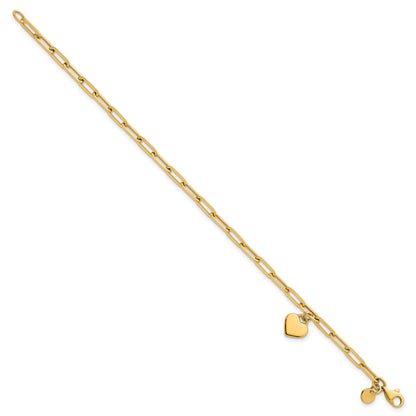 14k Polished Flat Dangle 9mm Heart Paperclip Link 7.25 inch Bracelet