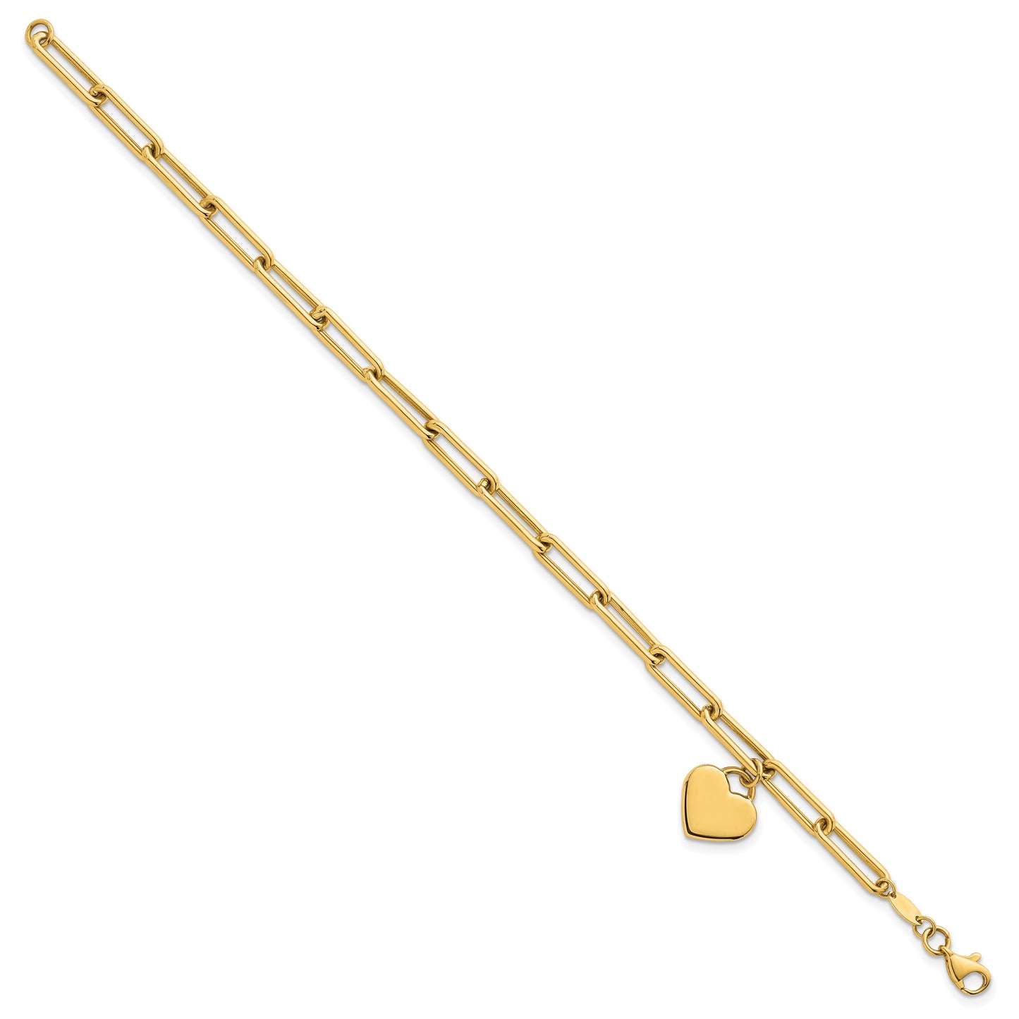 14k Polished Flat Dangle 11mm Heart Paperclip Link 7.5 inch Bracelet