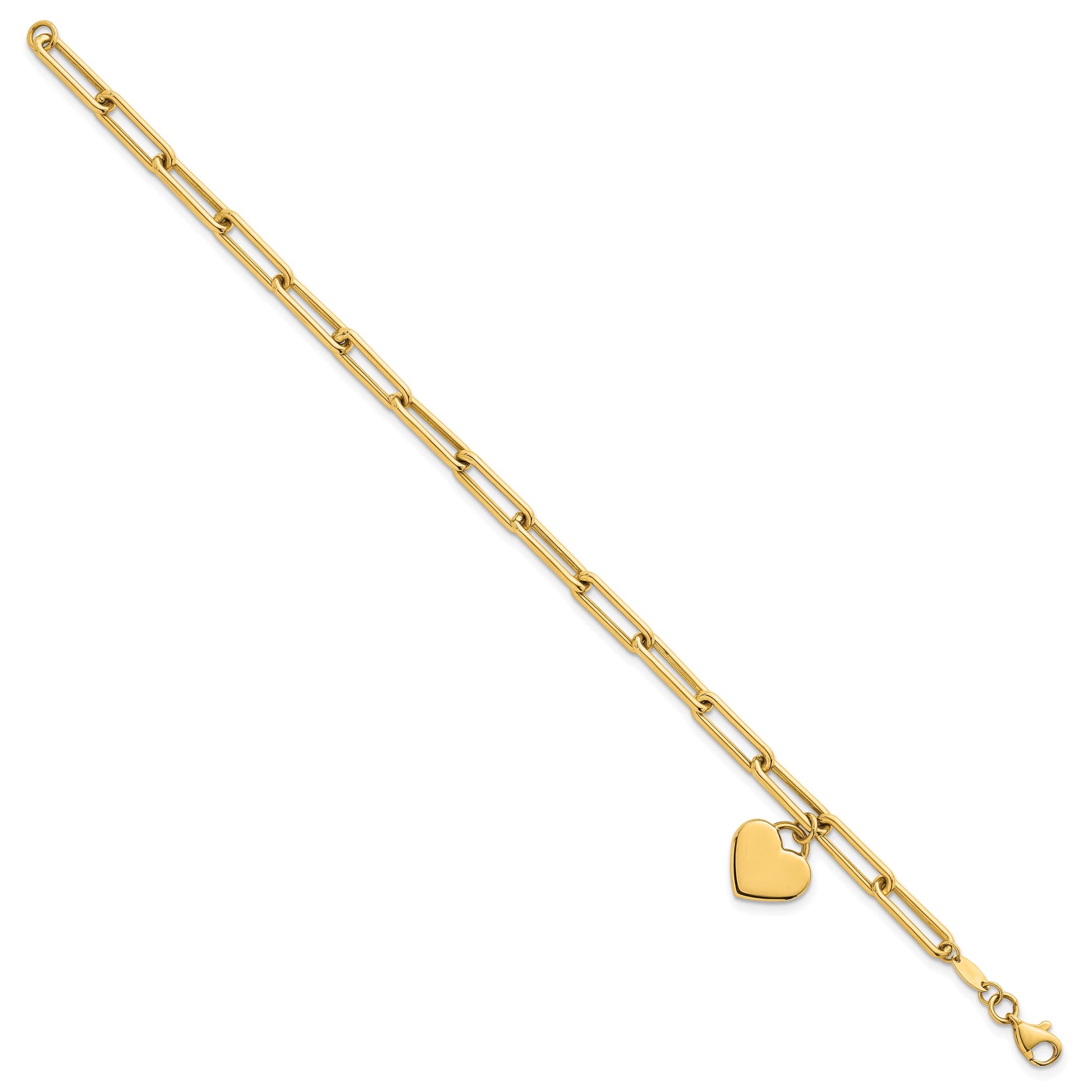 14k Polished Flat Dangle 11mm Heart Paperclip Link 7.5 inch Bracelet