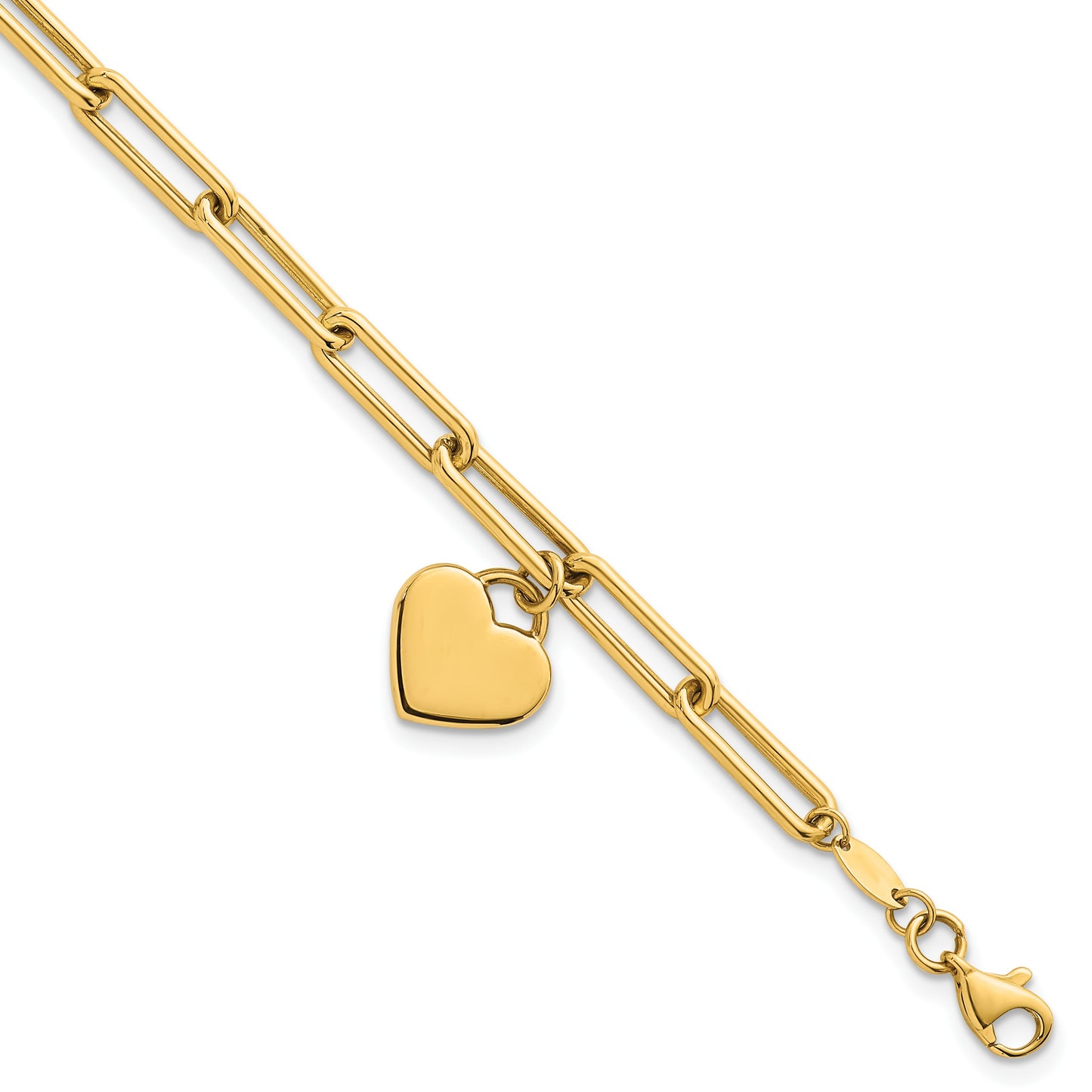 14k Polished Flat Dangle 11mm Heart Paperclip Link 7.5 inch Bracelet