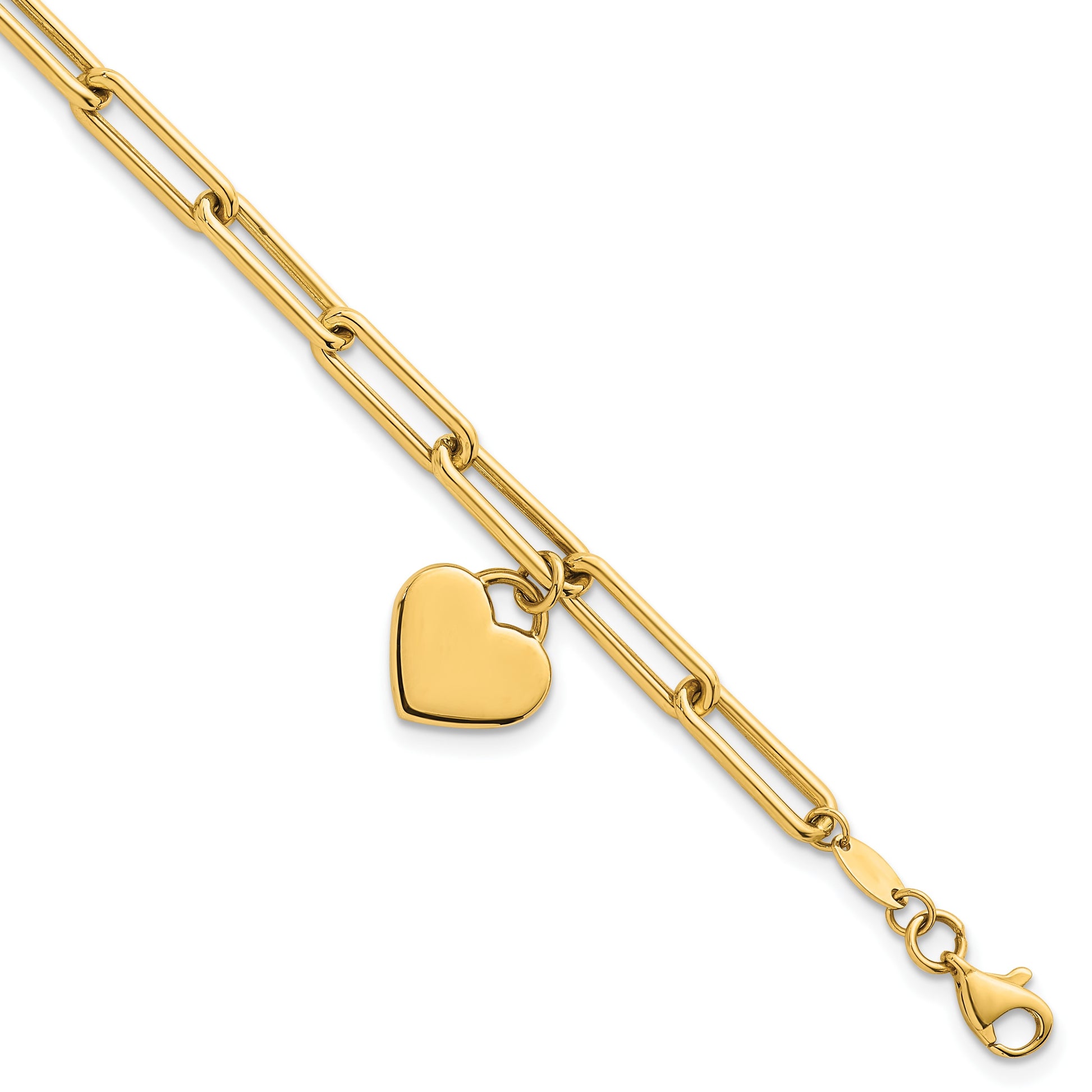 14k Polished Flat Dangle 11mm Heart Paperclip Link 7.5 inch Bracelet
