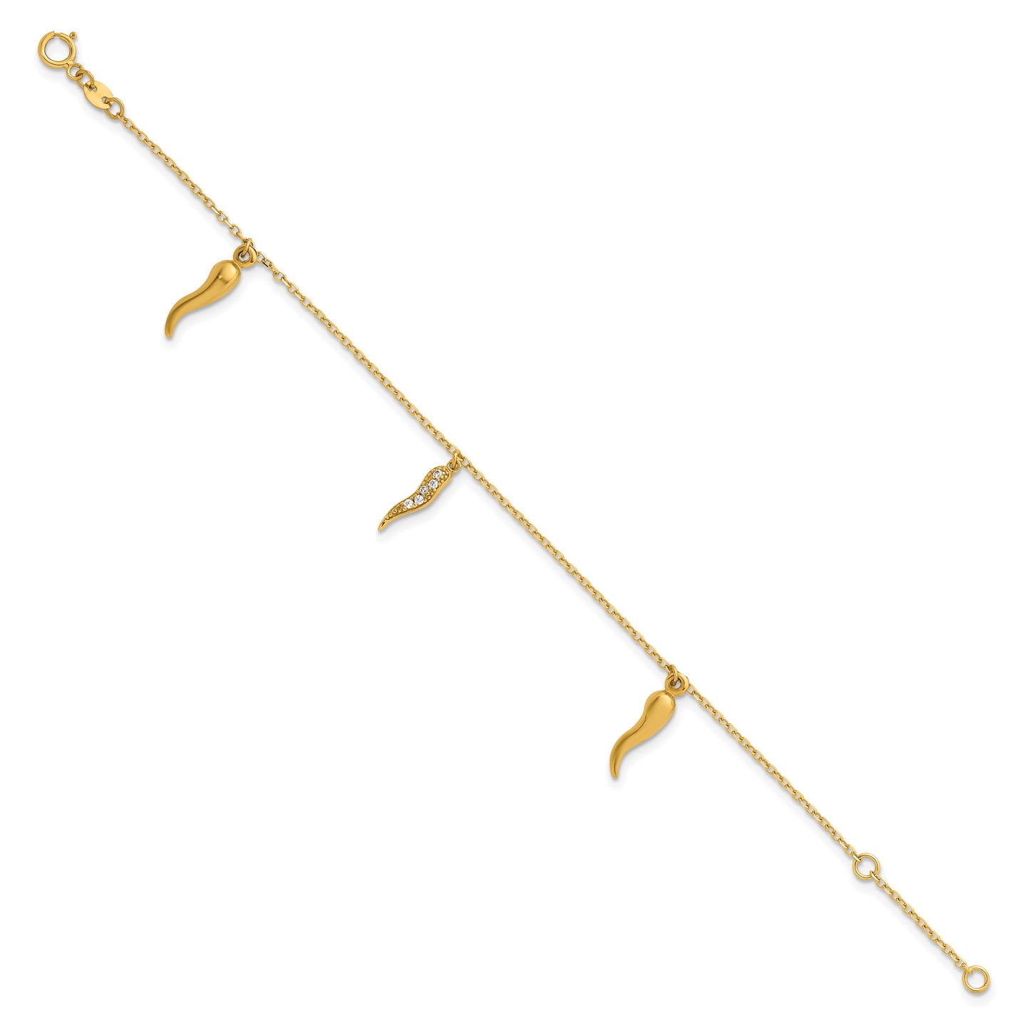 14k Polished CZ Three Italian Horn Dangles 5.75 inch Childrens Bracelet Plus 0.75 inch Extender
