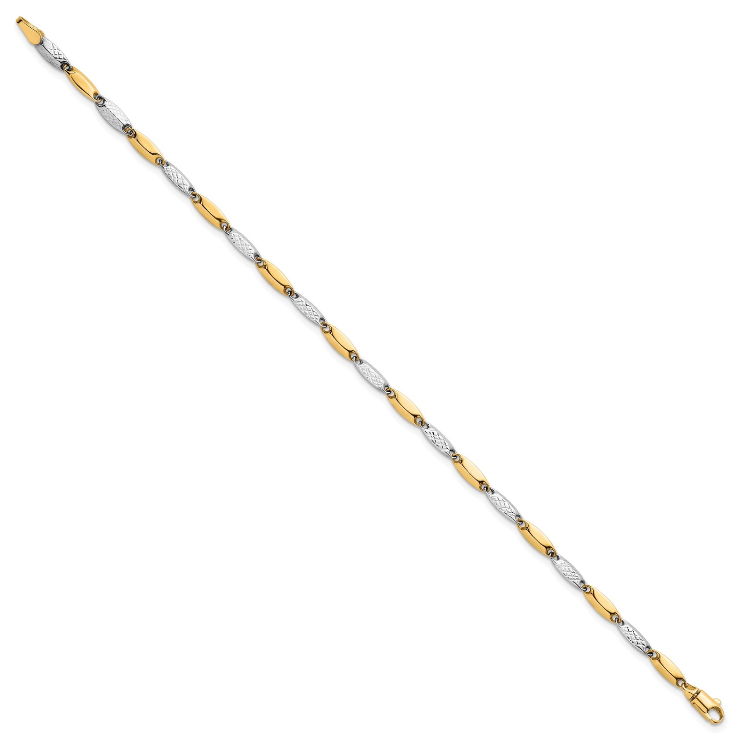 14k Two-tone Polished and Textured Fancy Marquise-shaped Link 7.5 inch Bracelet