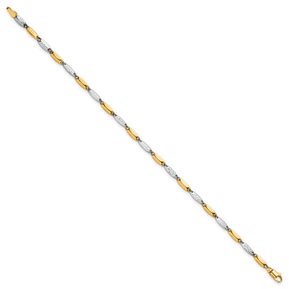 14k Two-tone Polished and Textured Fancy Marquise-shaped Link 7.5 inch Bracelet