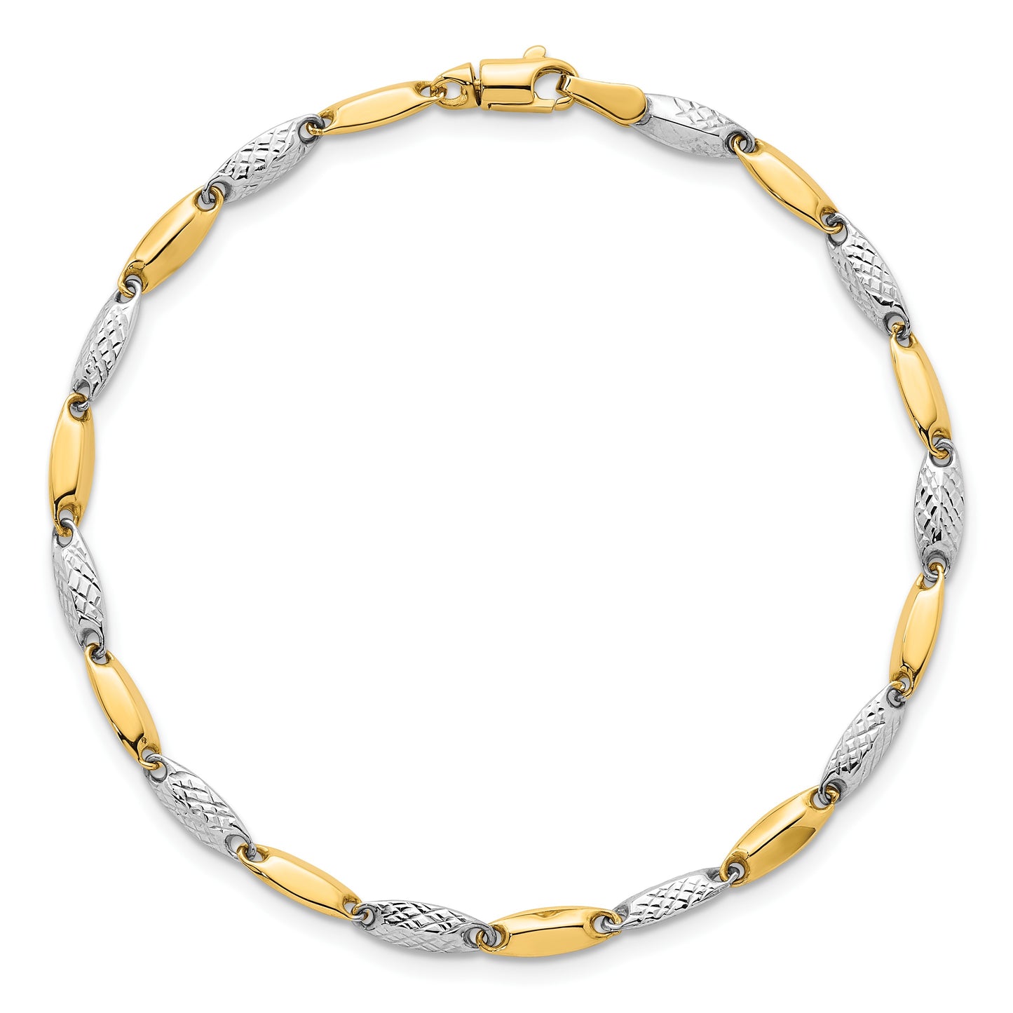 14k Two-tone Polished and Textured Fancy Marquise-shaped Link 7.5 inch Bracelet