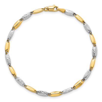 14k Two-tone Polished and Textured Fancy Marquise-shaped Link 7.5 inch Bracelet