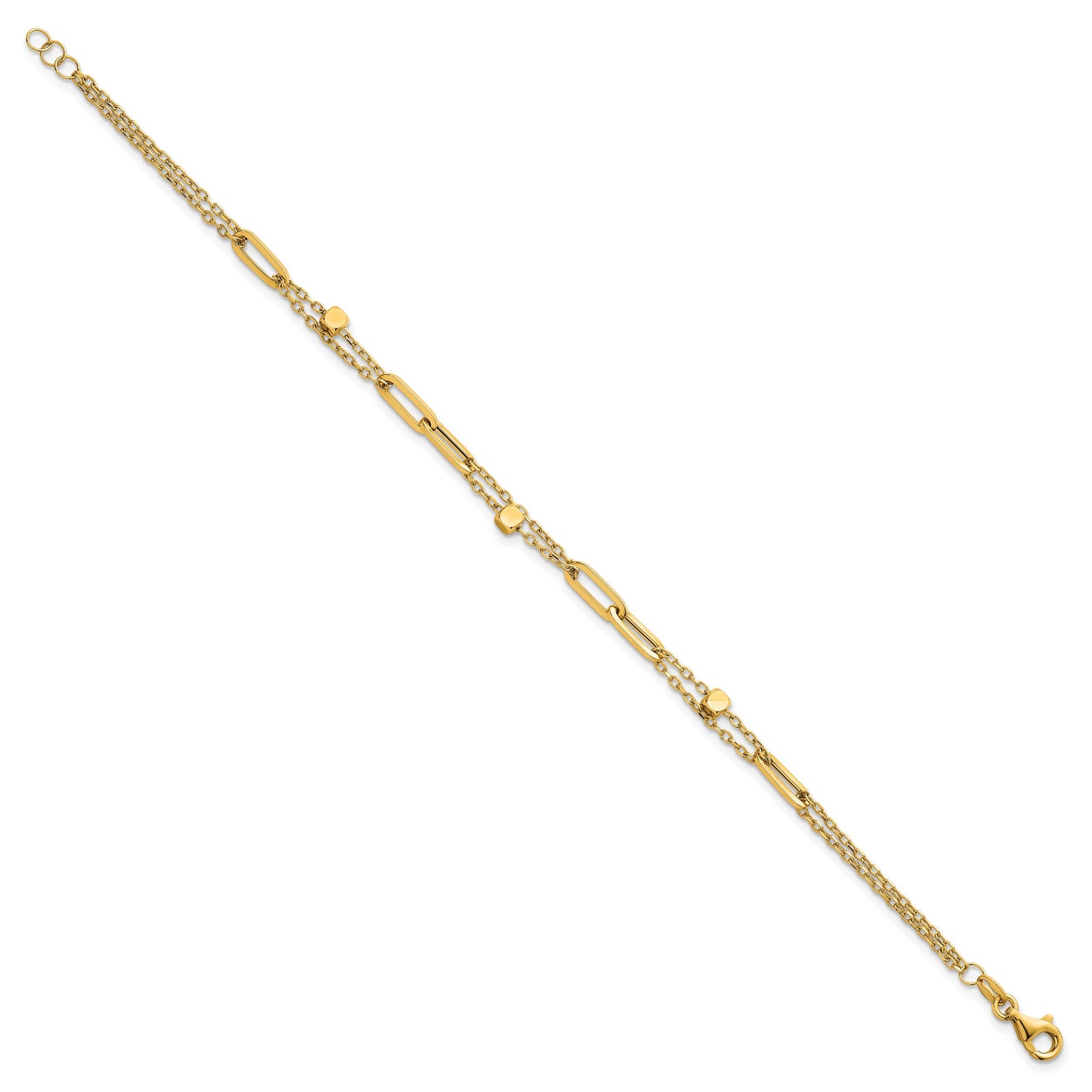 14K Polished and Beaded 2-Strand with Fancy Paperclip Link 7.5 Inch Bracelet