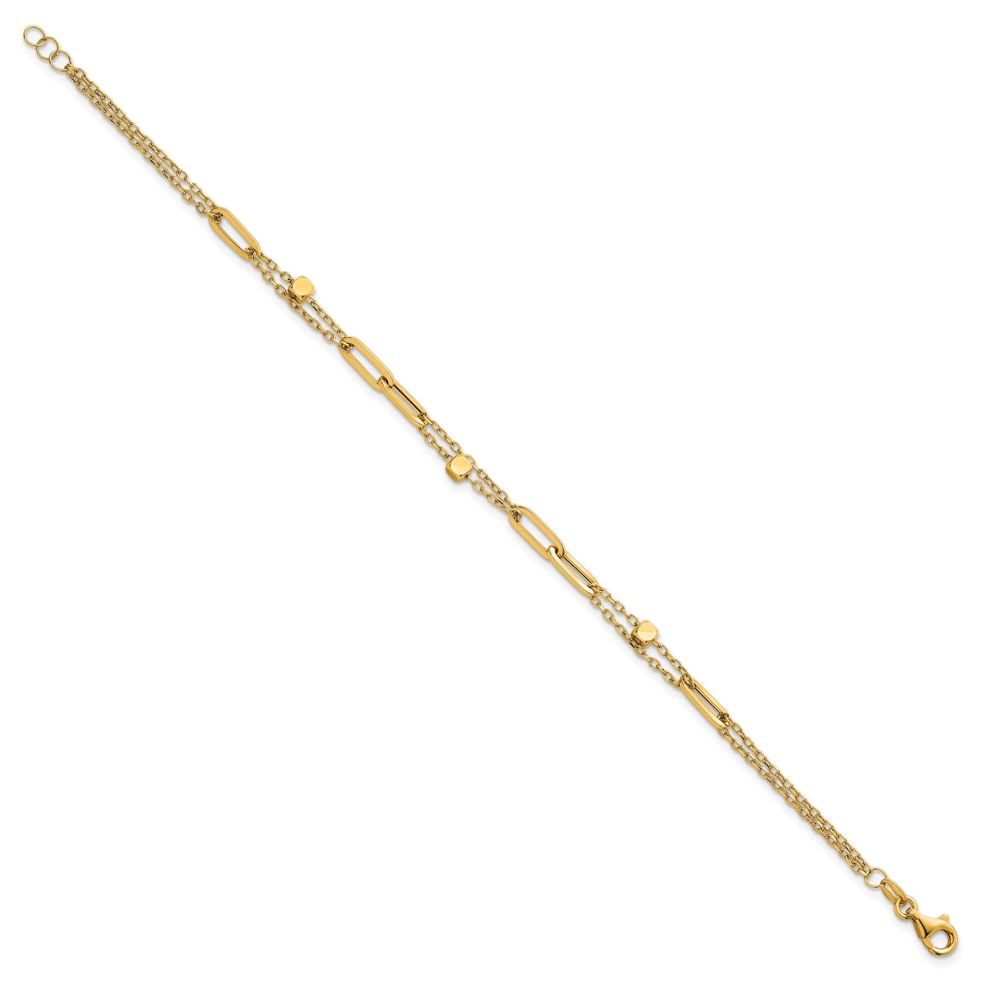 14K Polished and Beaded 2-Strand with Fancy Paperclip Link 7.5 Inch Bracelet