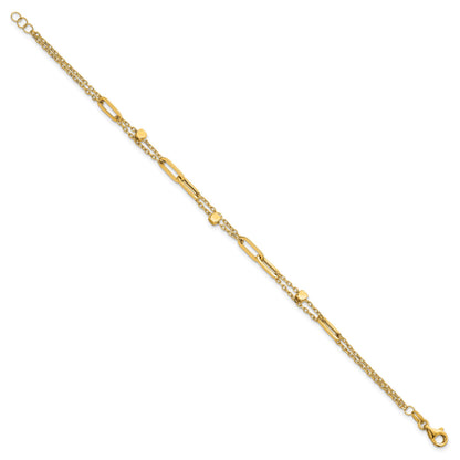 14K Polished and Beaded 2-Strand with Fancy Paperclip Link 7.5 Inch Bracelet