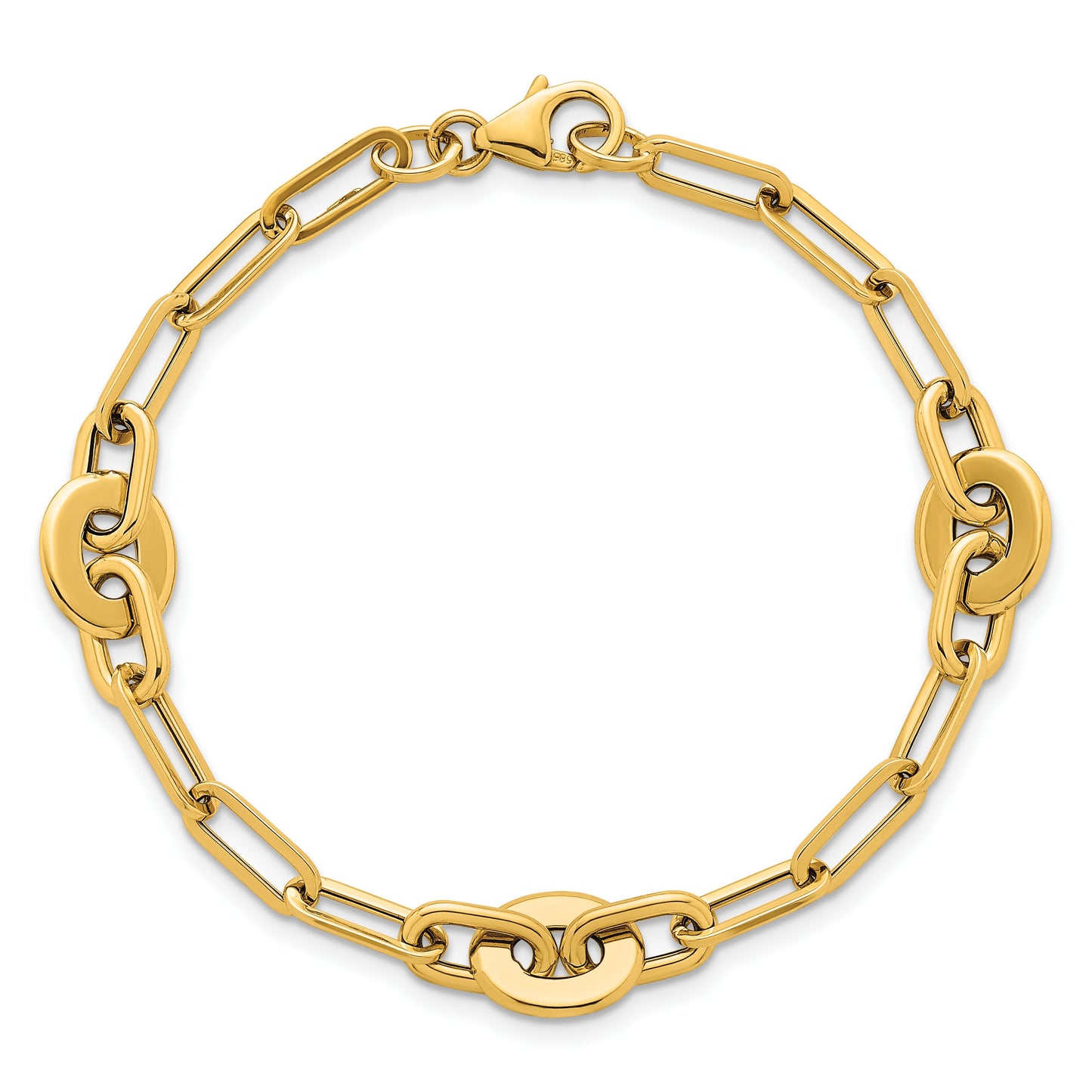 14K Polished Flat Oval and Paperclip Link 7.25 Inch Bracelet
