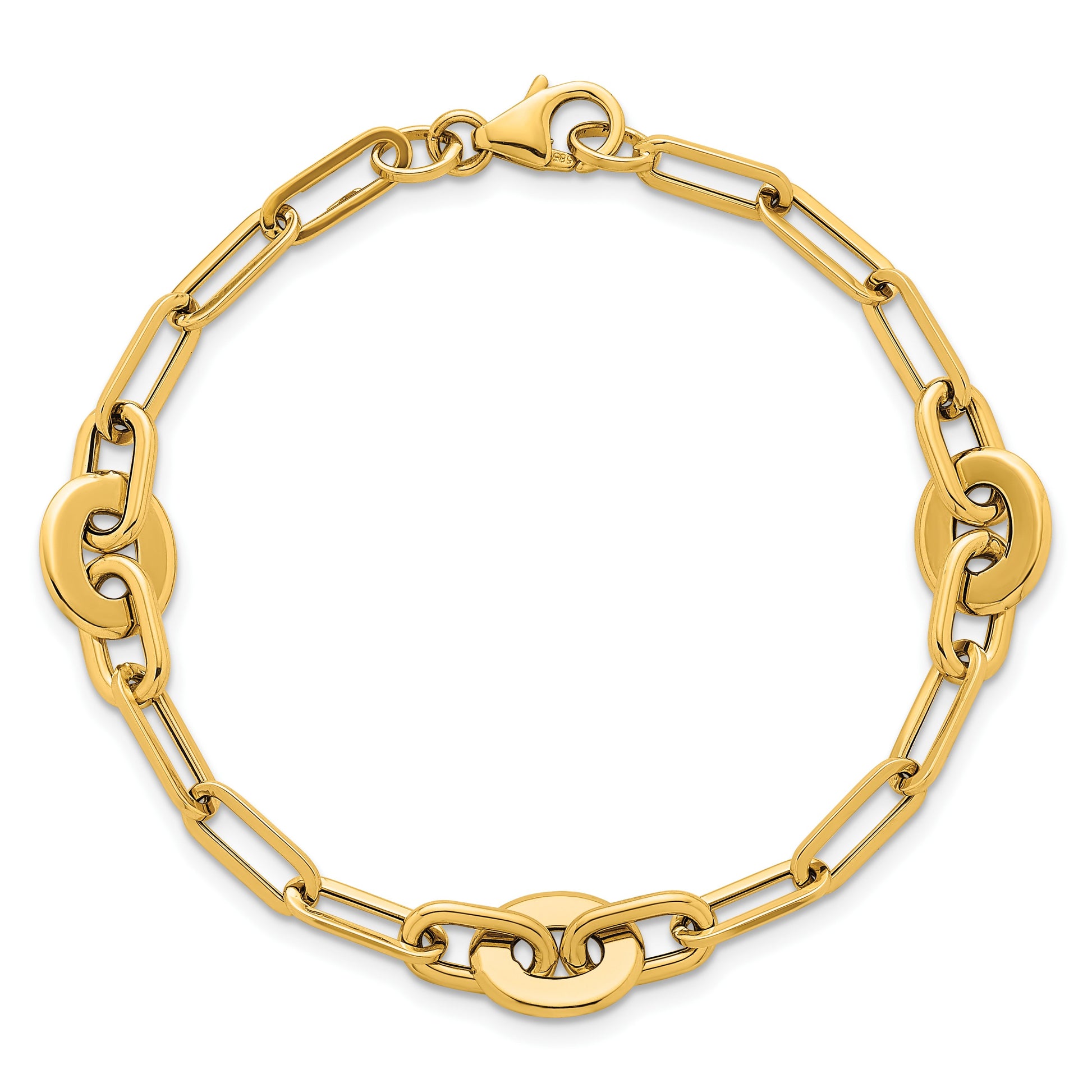 14K Polished Flat Oval and Paperclip Link 7.25 Inch Bracelet