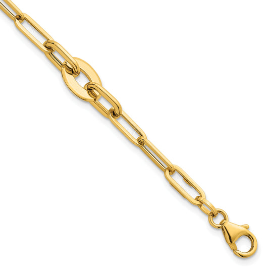 14K Polished Flat Oval and Paperclip Link 7.25 Inch Bracelet