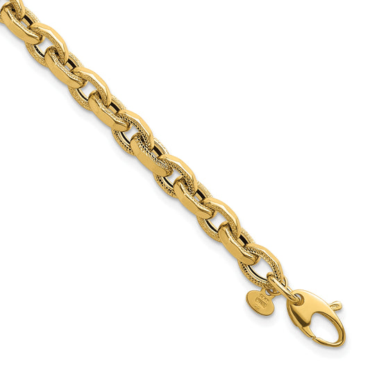14k Polished Fancy Textured Oval Open Link 7.5 inch Bracelet
